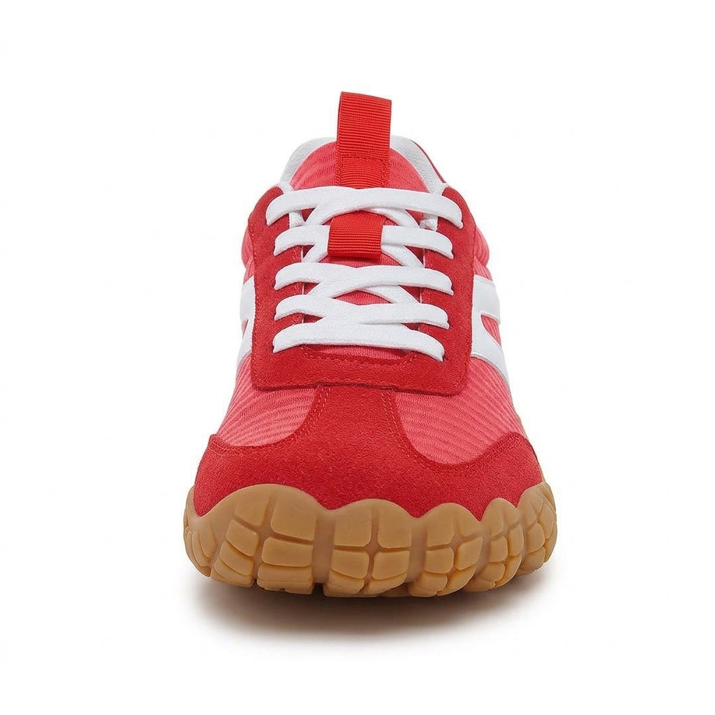 Rambla roja, zapatilla barefoot para pies anchos – vista frontal, puntera ancha