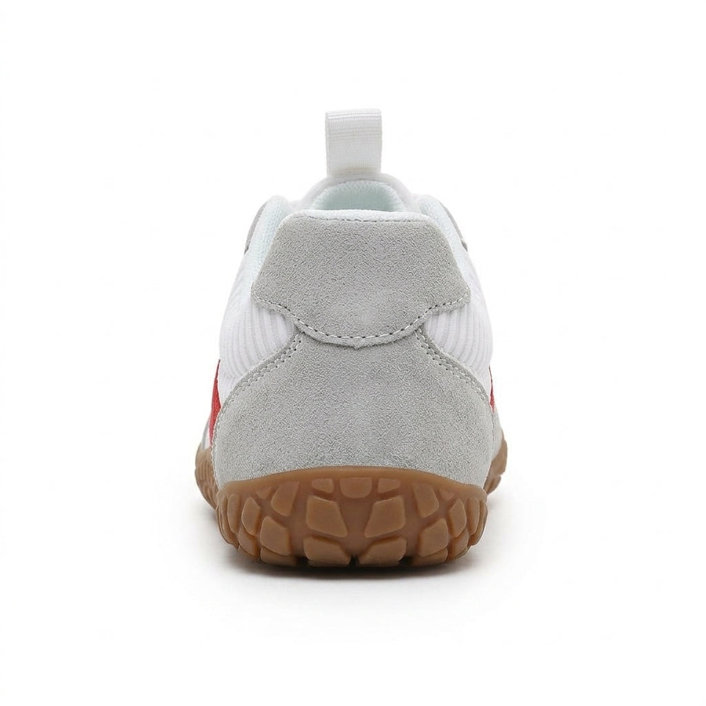 Rambla blanca con línea roja, zapatilla barefoot para pies anchos – vista trasera