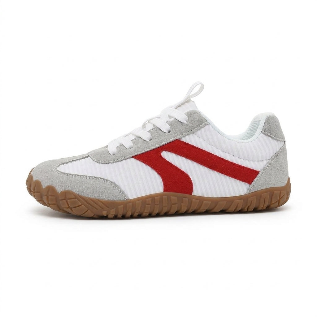 Rambla blanca con línea roja, zapatilla barefoot para pies anchos – vista lateral