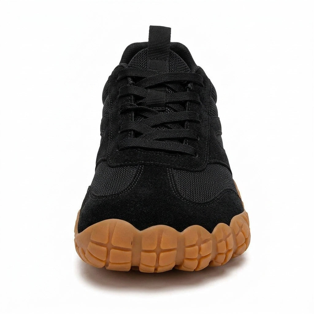 Rambla negra, zapatilla barefoot para pies anchos – vista frontal, puntera ancha