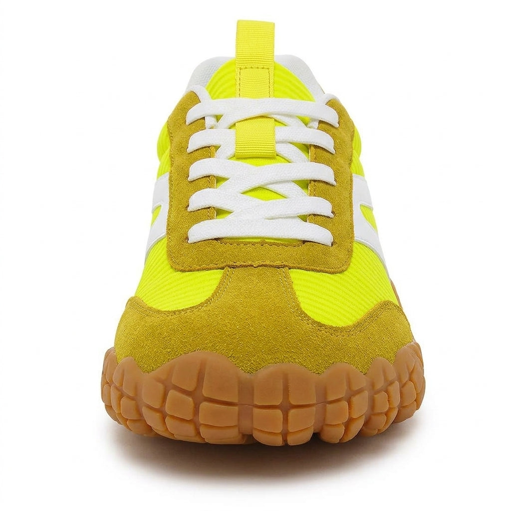 Rambla amarillo lima, zapatilla barefoot para pies anchos – vista frontal, puntera ancha
