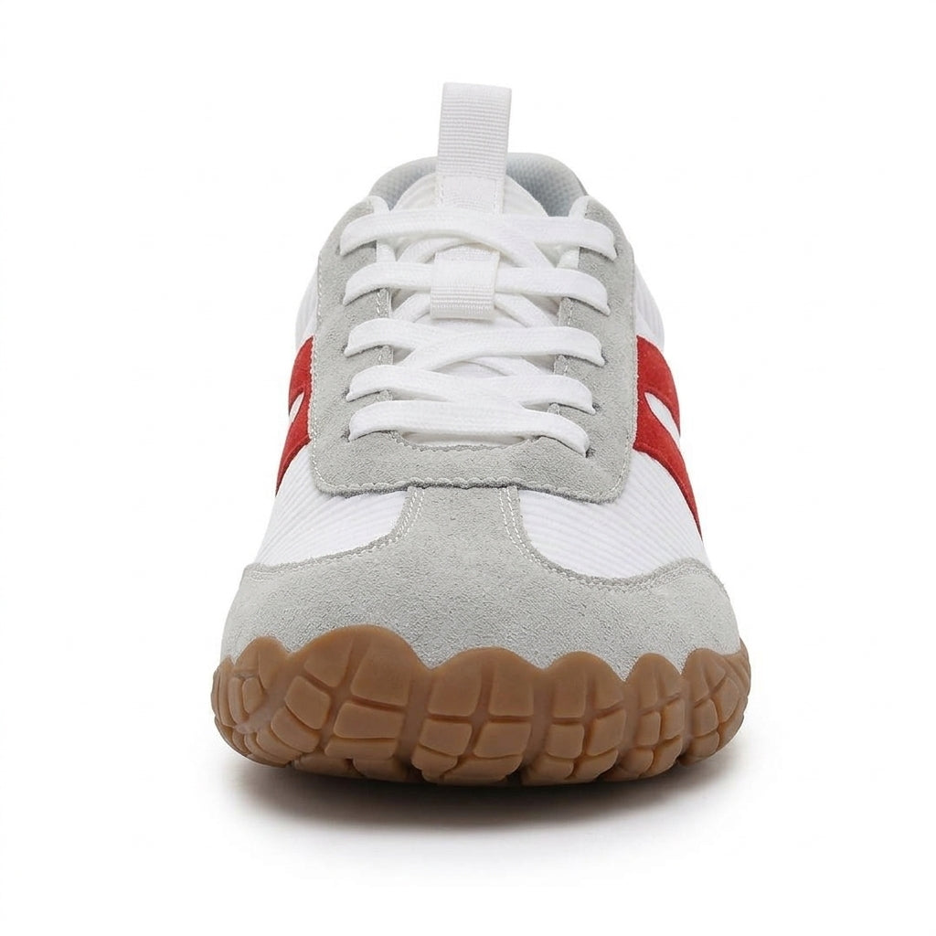 Rambla blanca con línea roja, zapatilla barefoot para pies anchos – vista frontal, puntera ancha
