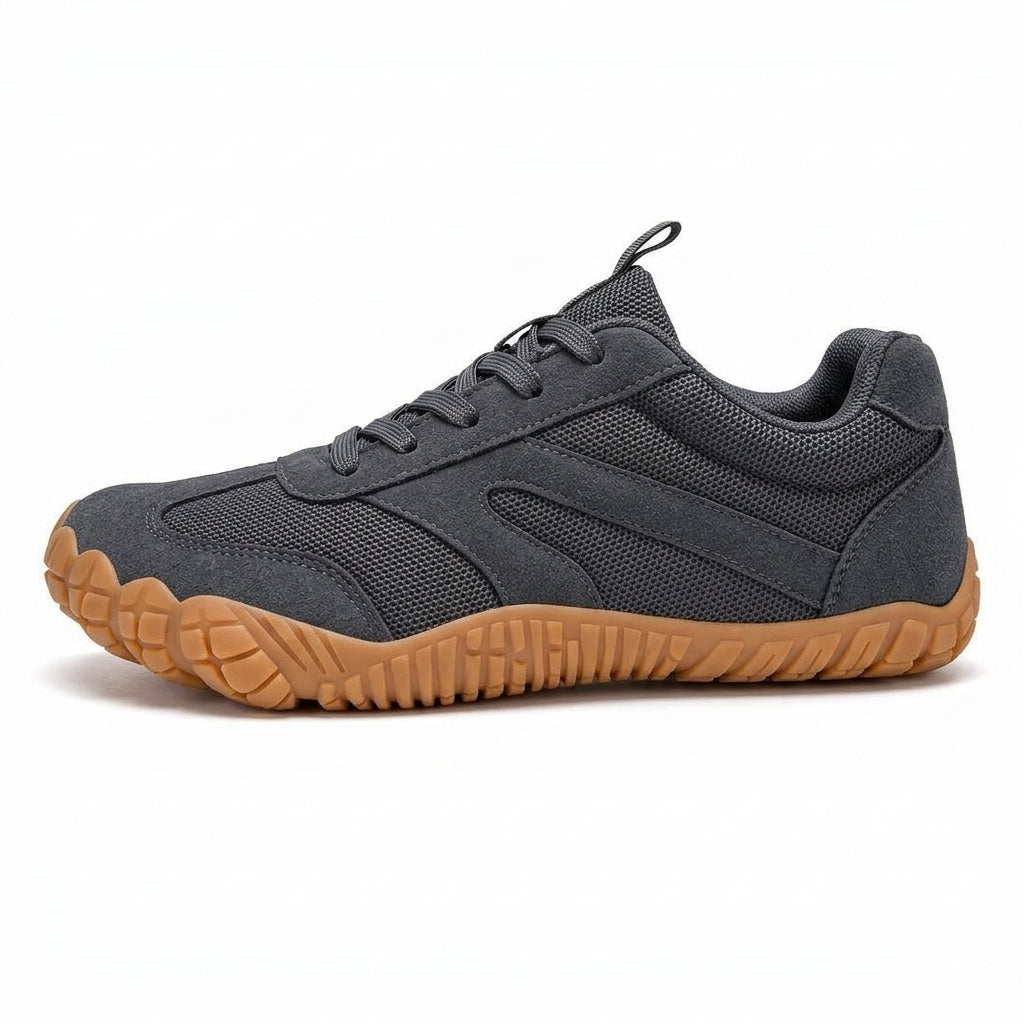 Rambla gris, zapatilla barefoot para pies anchos – vista lateral