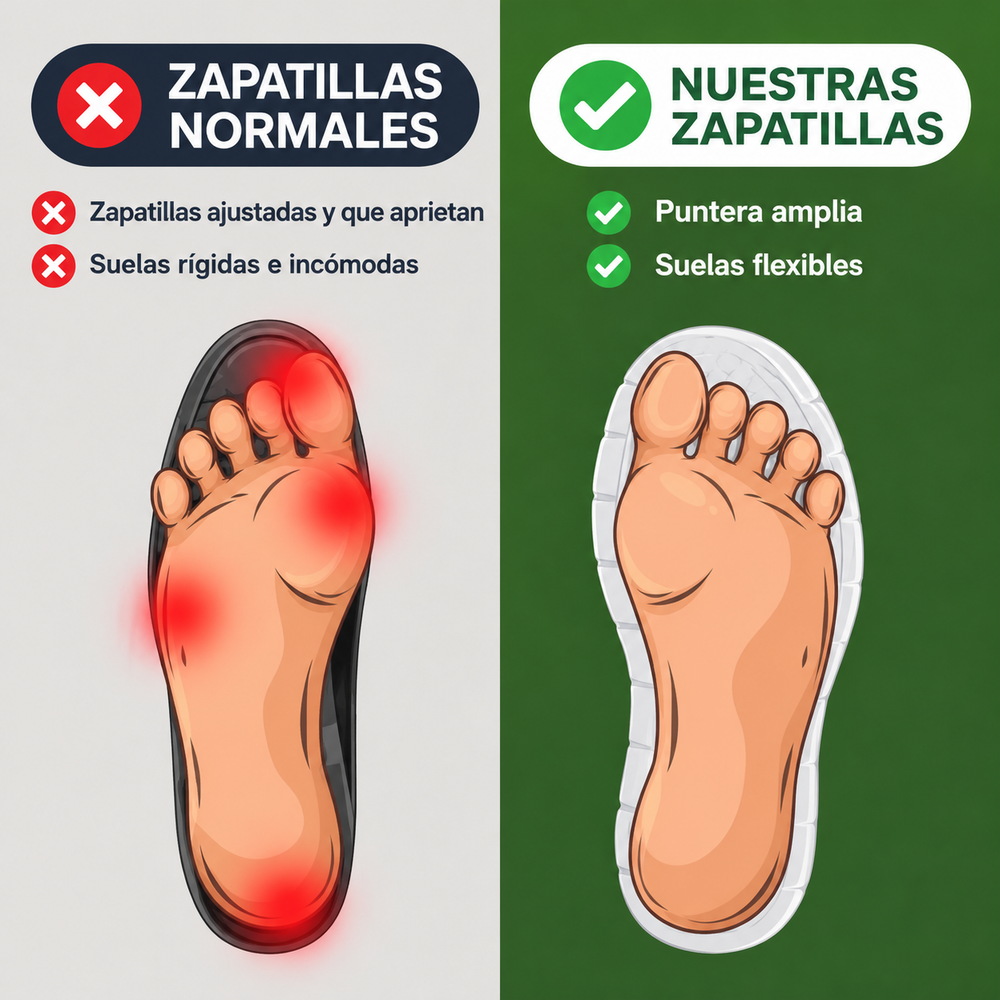 Pie en una zapatilla normal, con la puntera estrecha, y en una Navarros, con los dedos sueltos