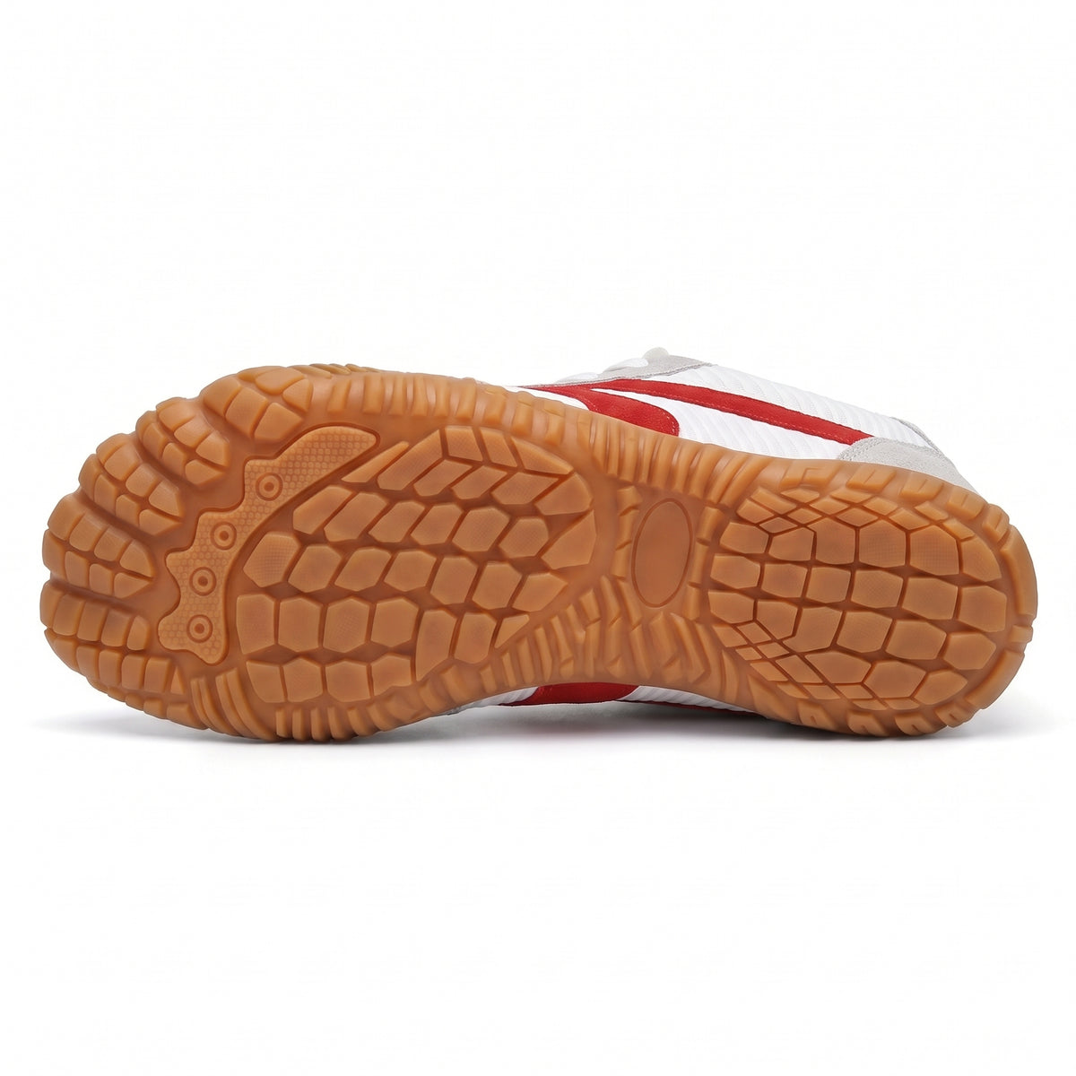 Rambla blanca con línea roja, zapatilla barefoot para pies anchos – vista de la suela