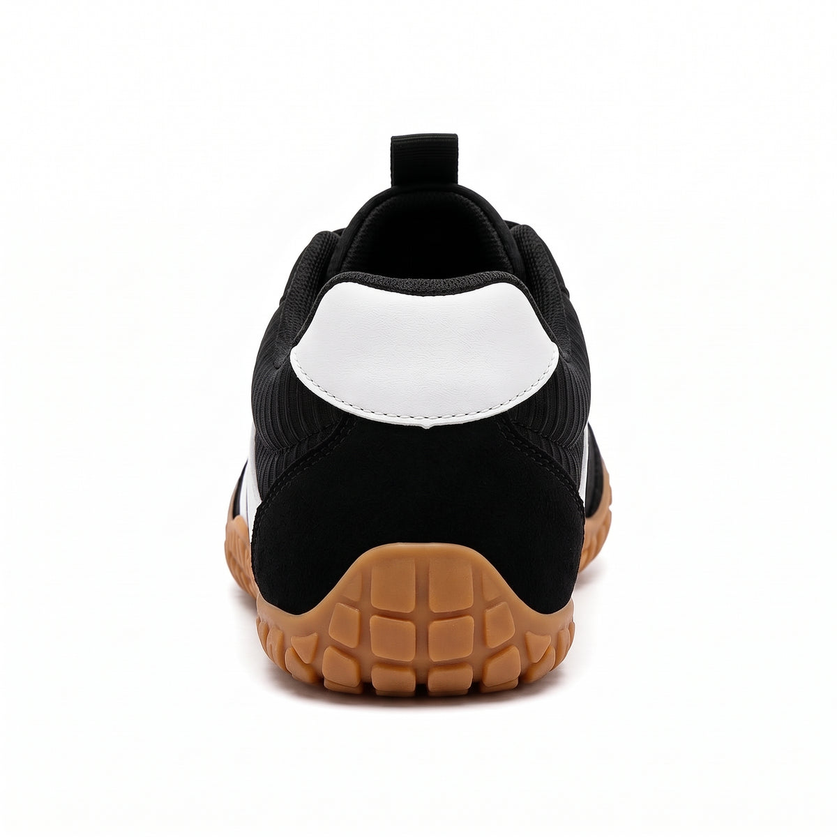 Rambla negra con línea blanca, zapatilla barefoot para pies anchos – vista trasera