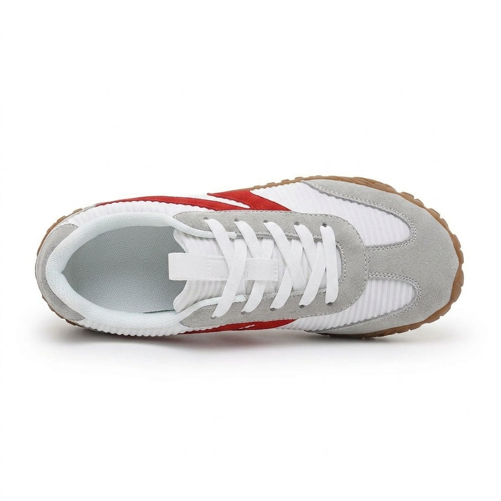 Rambla blanca con línea roja, zapatilla barefoot para pies anchos – vista desde arriba