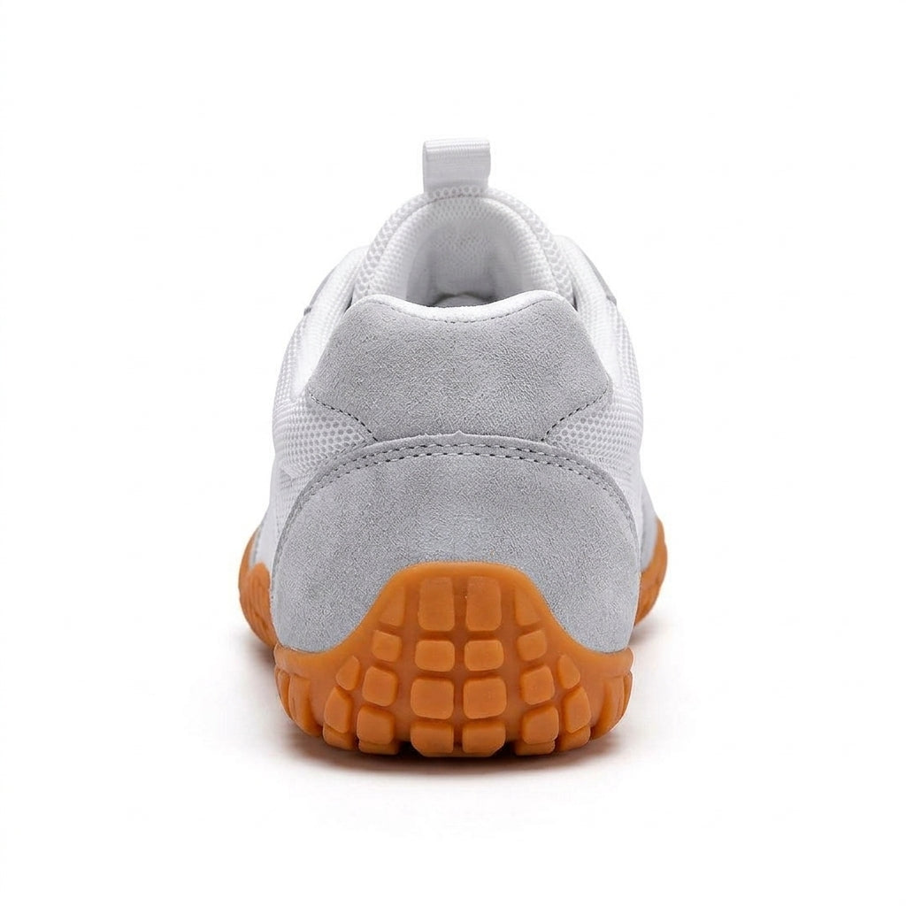Rambla blanca y gris, zapatilla barefoot para pies anchos – vista trasera