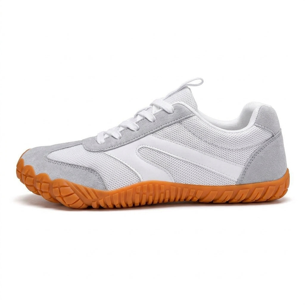 Rambla blanca y gris, zapatilla barefoot para pies anchos – vista lateral
