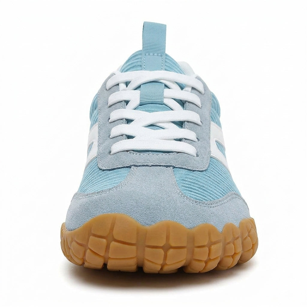 Rambla azul cielo, zapatilla barefoot para pies anchos – vista frontal, puntera ancha