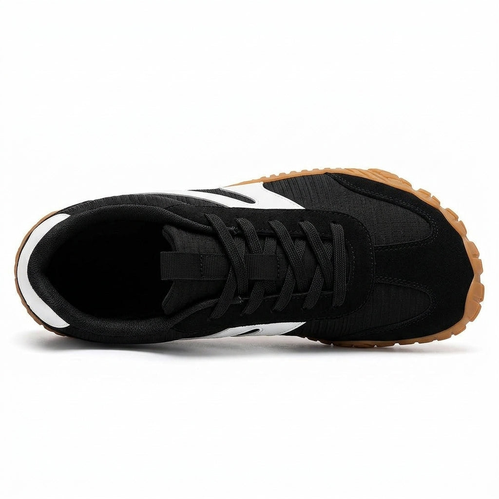 Rambla negra con línea blanca, zapatilla barefoot para pies anchos – vista desde arriba